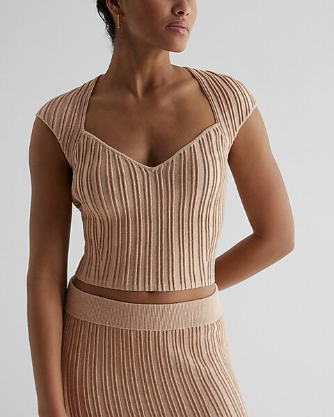 Metallic Ribbed V-Neck Cap Sleeve Sweater | Express