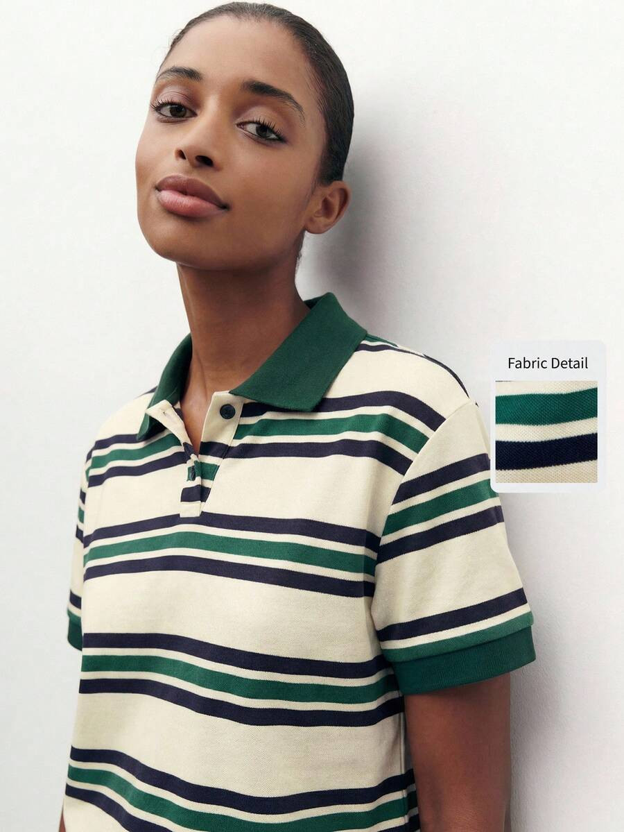 Nöista Casual Striped Polo Shirt Featuring Green, Navy, And Cream Horizontal Stripes With A Contrast Collar Relaxed Silhouette.Designed In Soft Stretch Knit | SHEIN