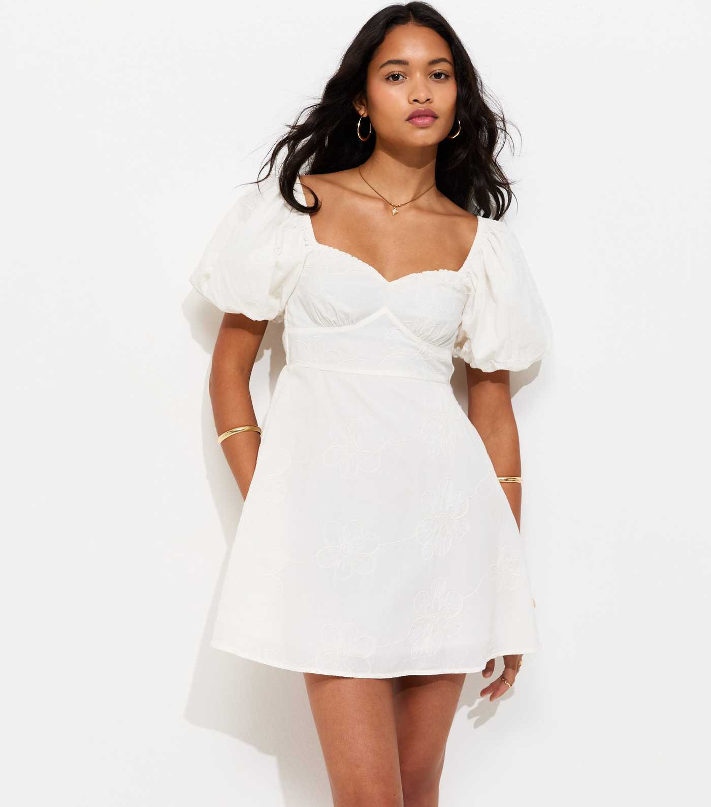 White Floral Puff Sleeve Mini Dress | New Look | New Look (UK)