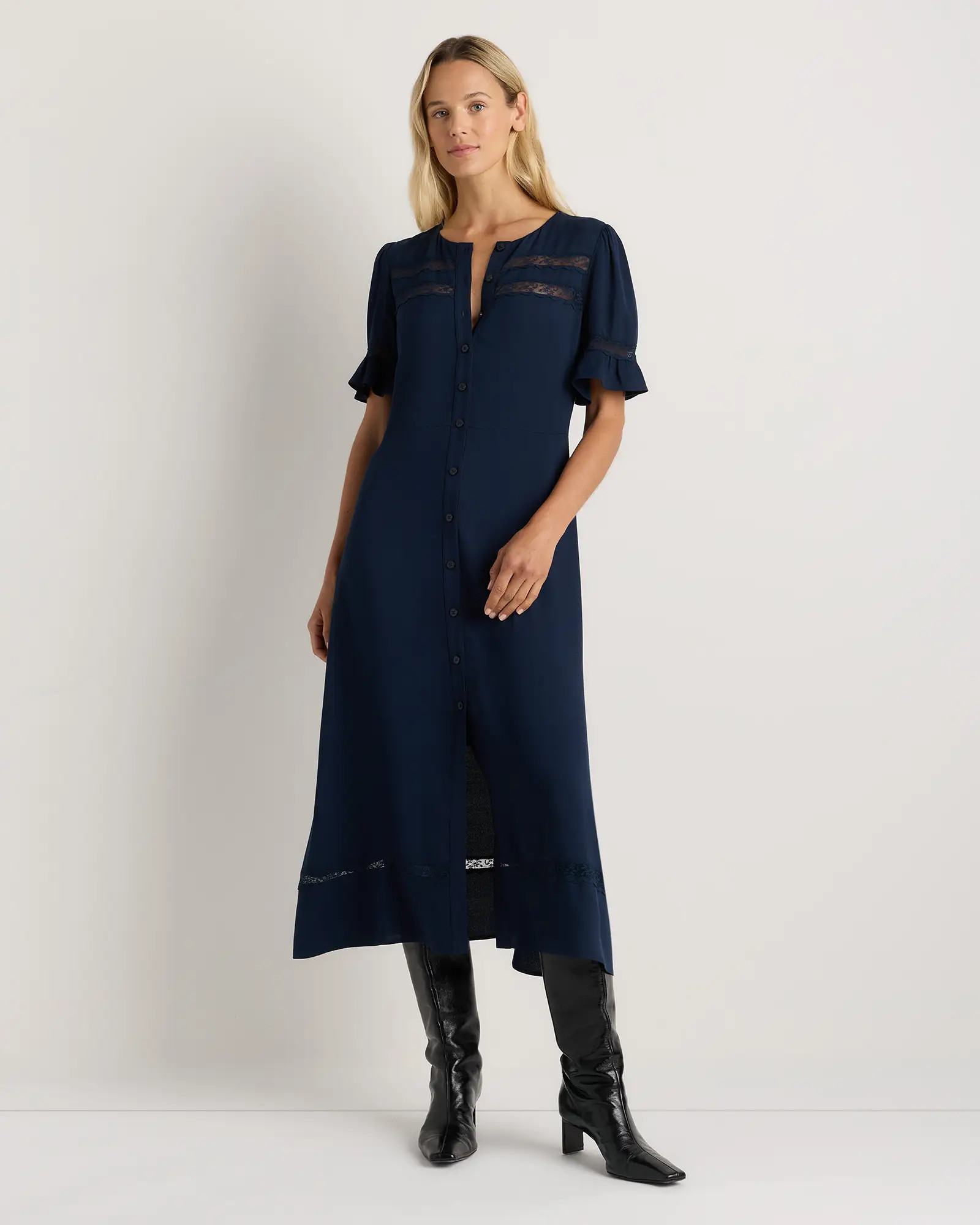 Lightweight Crepe Lace Inset Midi Dress | Quince