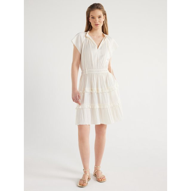 Scoop Women's Satin Mini Ruffle Dress with Cap Sleeves, Sizes XS-XXL | Walmart (US)