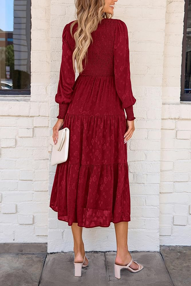 PRETTYGARDEN Women's Fall Spring Midi Dress Long Sleeve Floral Smocked Elegant Wedding Guest Long... | Amazon (US)