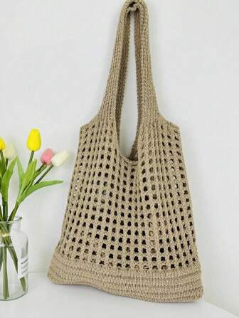 Minimalist Hollow Knit Tote Bag, Fashionable Women's Shoulder Bag Beach Bag Crochet Woven Handbag | SHEIN