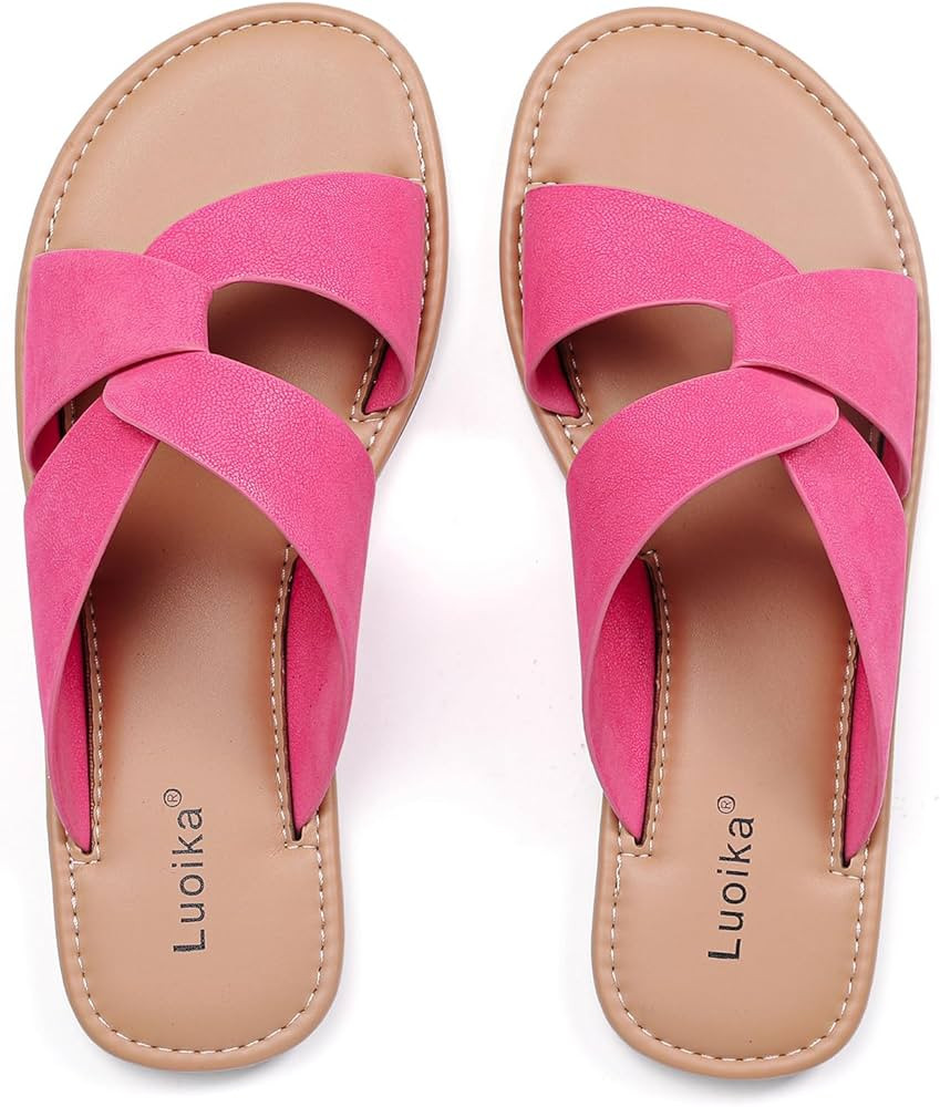 Luoika Women's Wide Width Flat Slides Sandals, Strapy Slide Sandal Slip on Dressy Summer Shoes fo... | Amazon (US)