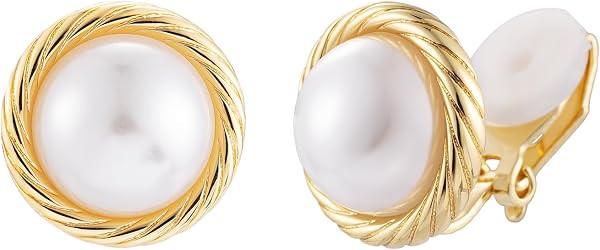 SELOVO Clip on Earrings Simulated Pearl 13MM Not Pierced Vintage Style Simulated Pearl Earrings Stud Silver/Gold Color | Amazon (US)