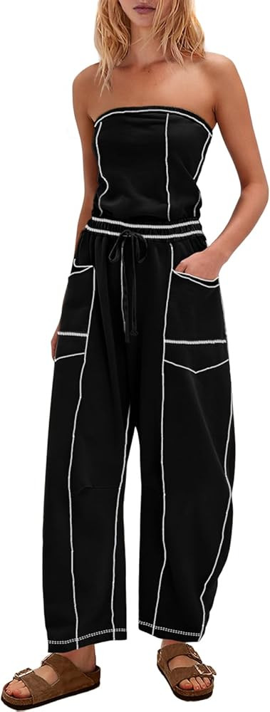 Womens Strapless Jumpsuits Off the Shoulder Tube Top barrel Overalls Loose Fit Romper with Pocket... | Amazon (US)
