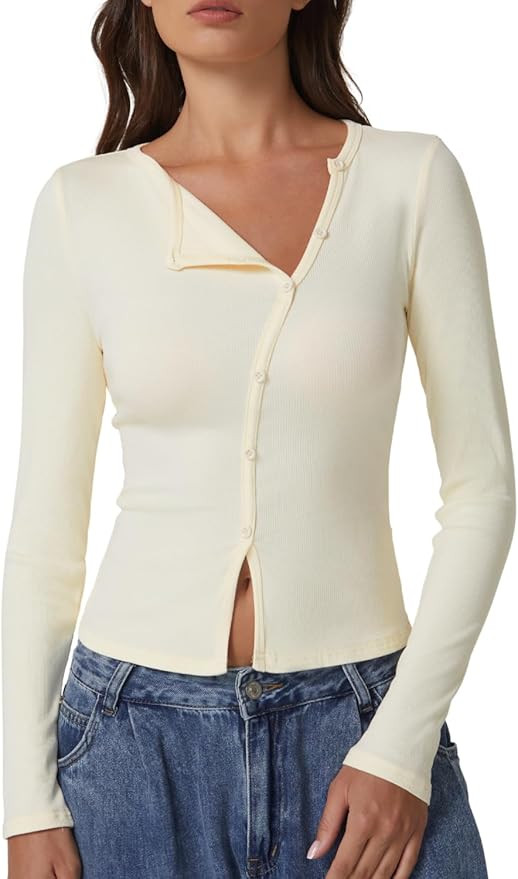 QINSEN Women's Long Sleeve Ribbed Crewneck Shirts Upper Button Fastening Going Out Tops | Amazon (US)