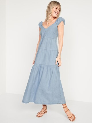 Chambray Tiered All-Day Fit & Flare Maxi Dress for Women | Old Navy (CA)