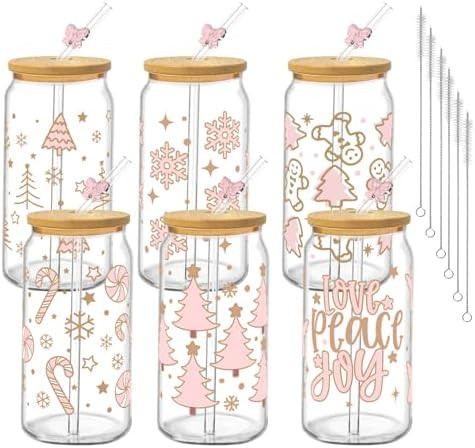 6 Pcs Christmas Drinking Glasses with Lids and Straws, 16oz Gingerbread Candy Cane Snowflake Chri... | Amazon (US)