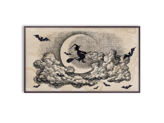 Halloween Frame TV Art Witch Riding Broom, Bats, Moon Grunge Drawing, Instant Download | Etsy (US)