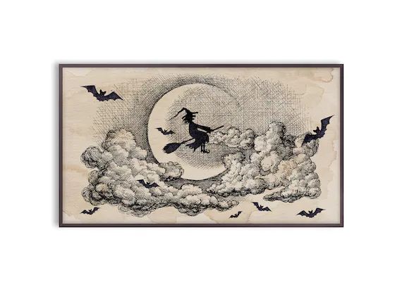 Samsung Frame TV Art Halloween Witch Riding Broom Bats Moon - Etsy | Etsy (US)