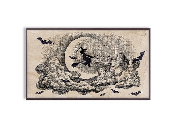 Halloween Frame TV Art Witch Riding Broom Bats Moon Grunge - Etsy | Etsy (US)