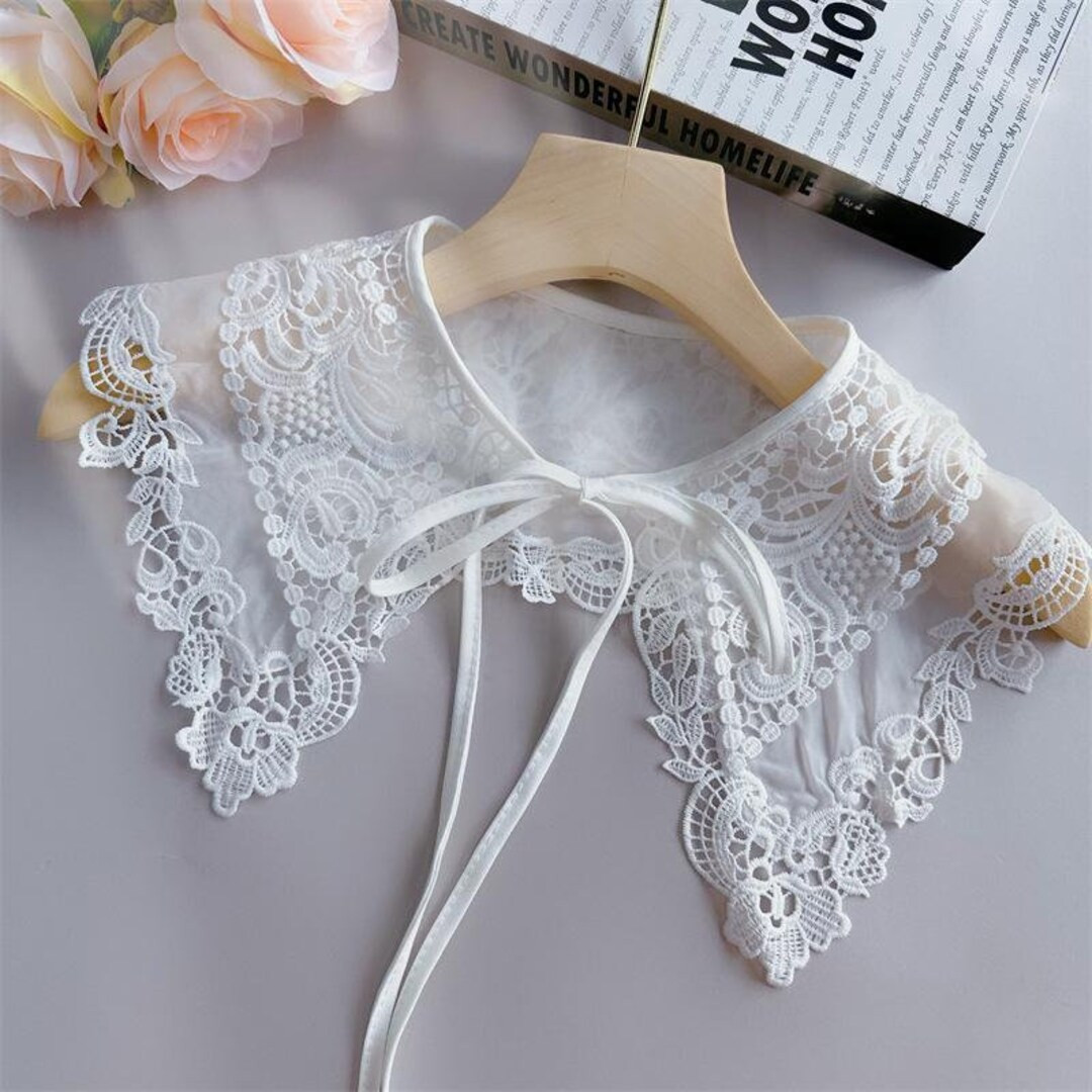 Crochet Lace Collar Applique, Milk Silk Chiffon Collar, Floral Embroidered Lace-up Detachable Col... | Etsy (US)