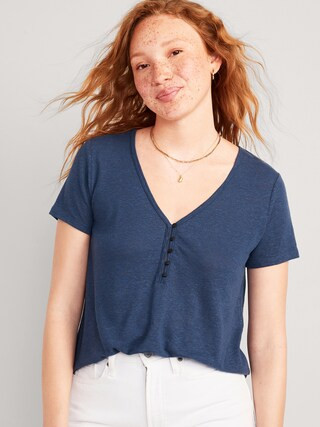Linen-Blend V-Neck Henley T-Shirt for Women | Old Navy (US)