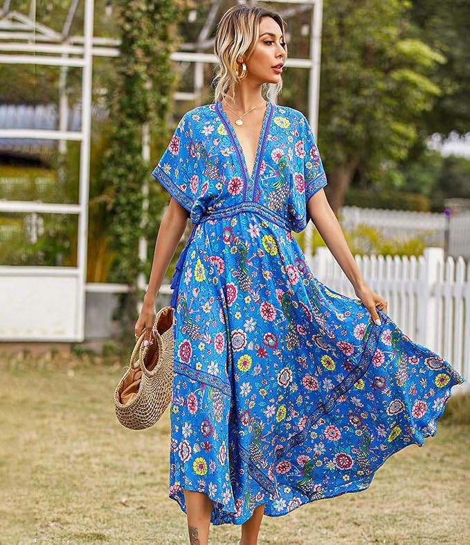 R.Vivimos Women Summer Print Deep V Neck Cotton Beach Long Dresses | Amazon (US)