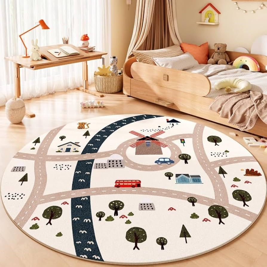 Poowe Round Kids Rug,Lovely Road Baby Play Mat,Washable Non-Slip Cartoon Children Carpets for Kin... | Amazon (US)