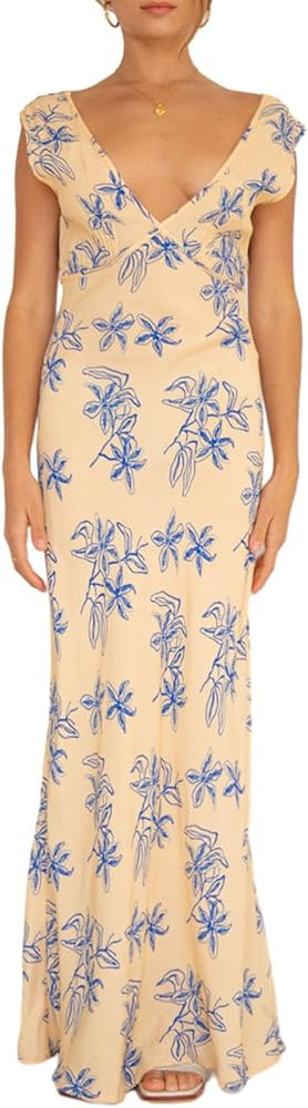 Women's Y2k Summer Long Slim Fit Dresses 2024 Sleeveless Deep V Neck Boho Floral Bodycon Sexy Par... | Amazon (US)