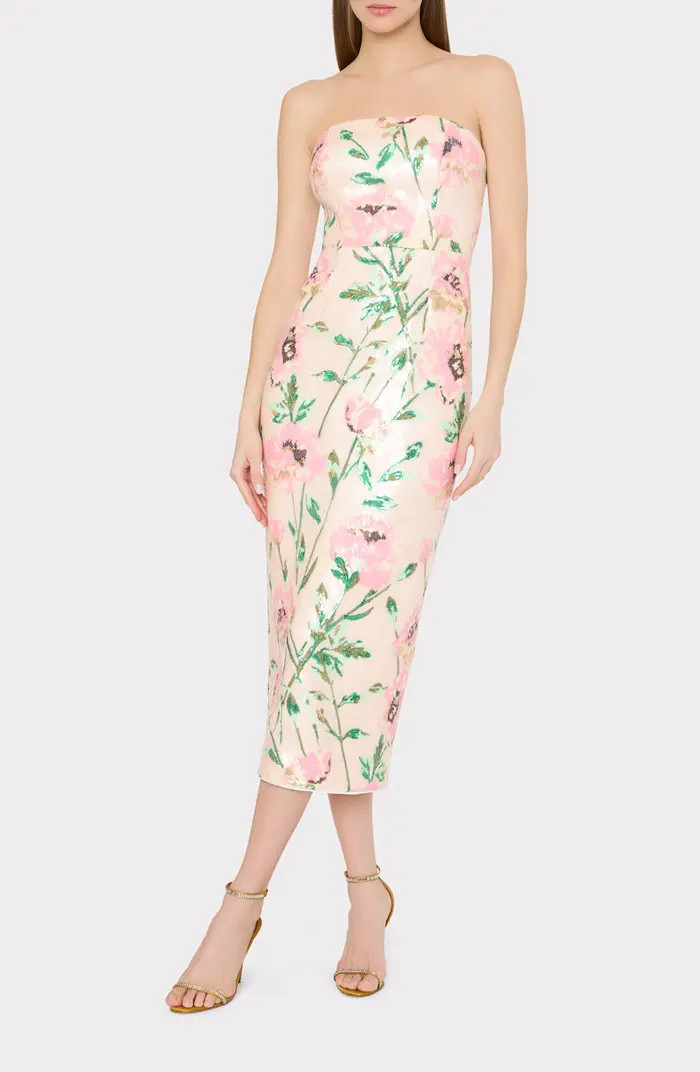 Kait Floral Print Sequin Strapless Midi Dress | Nordstrom