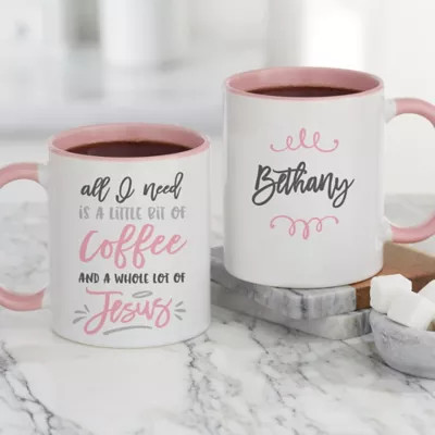A Little Bit of Coffee and a Whole Lot of Jesus Personalized Coffee Mugs in Pink | Bed Bath & Beyond
