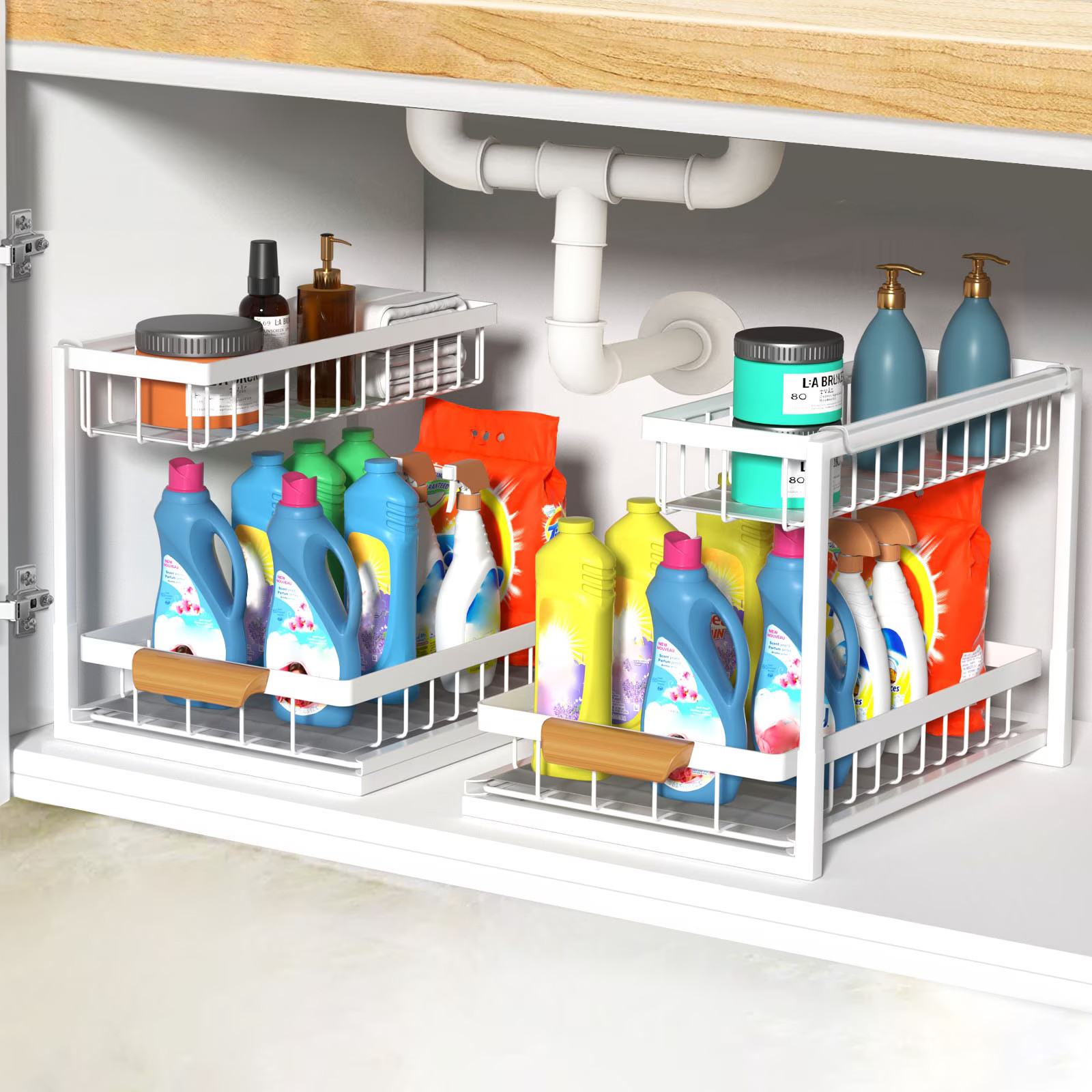 2 Pack Under Sink Organizer,Metal Pull Out Kitchen Cabinet Organizer with Sliding Drawer,Sturdy M... | Walmart (US)