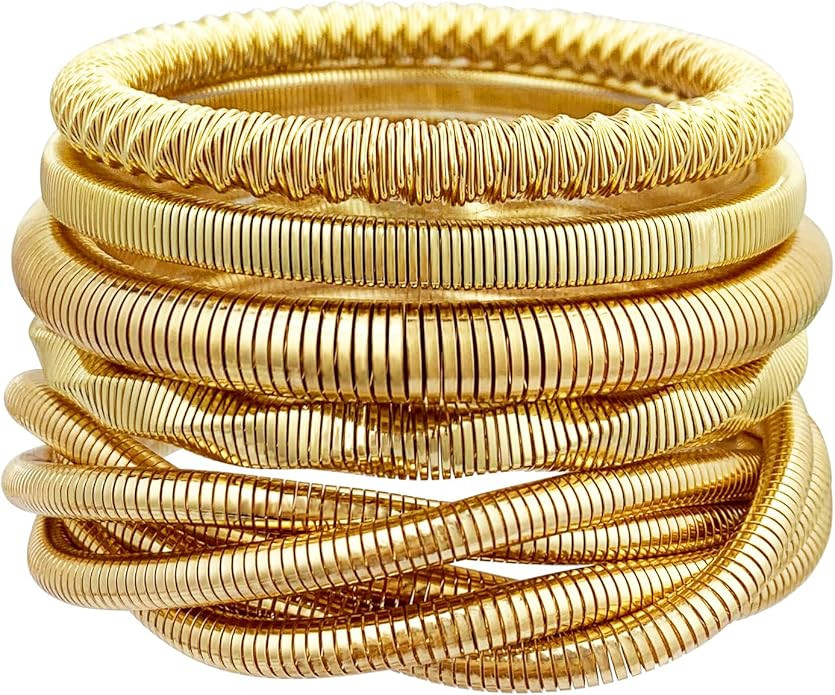 5PCS Bangles Bracelets for Women Chunky Stretch Bracelet Set Stainless Steel Chain Flexible Wide ... | Amazon (US)