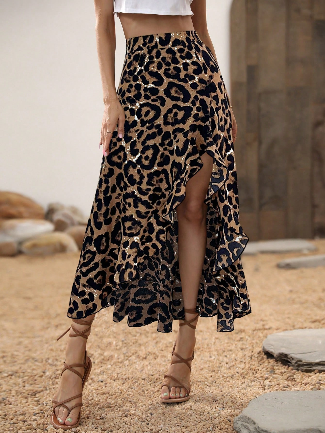 SHEIN VCAY Leopard Print Split Thigh Skirt For Summer | SHEIN