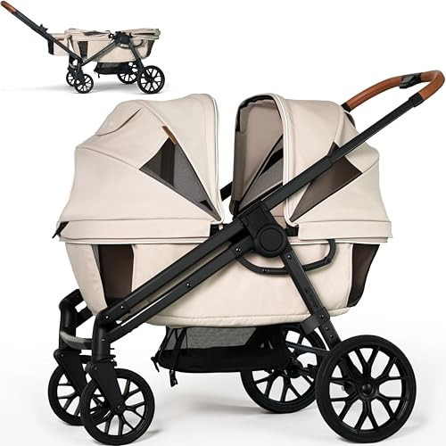 Wagon Stroller for 2 Kids, All-Terrain with Removable UV-Protection Canopy, Adjustable Push/Pull Handle, Snack Tray & Cup Holders, Perfect for Baby and Toddler（Khaki） | Amazon (US)