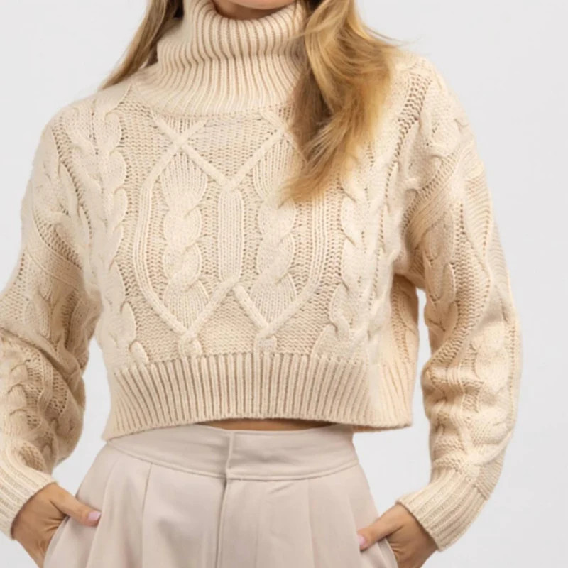 Fore Collection Cableknit Turtleneck Crop Sweater In Neutral - Brown - L | Verishop