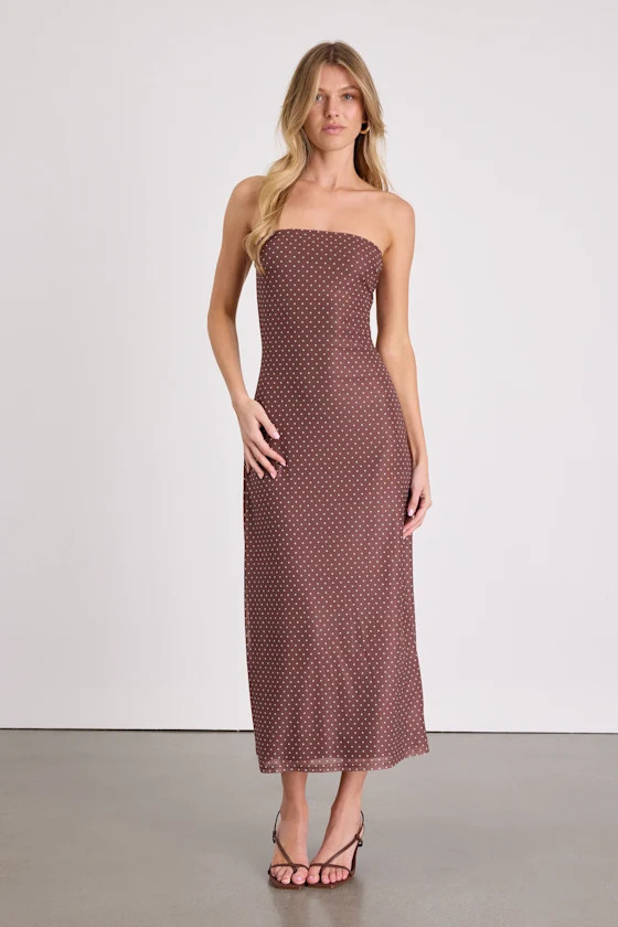 Jaylah Brown Polka Dot Mesh Strapless Midi Dress | Lulus