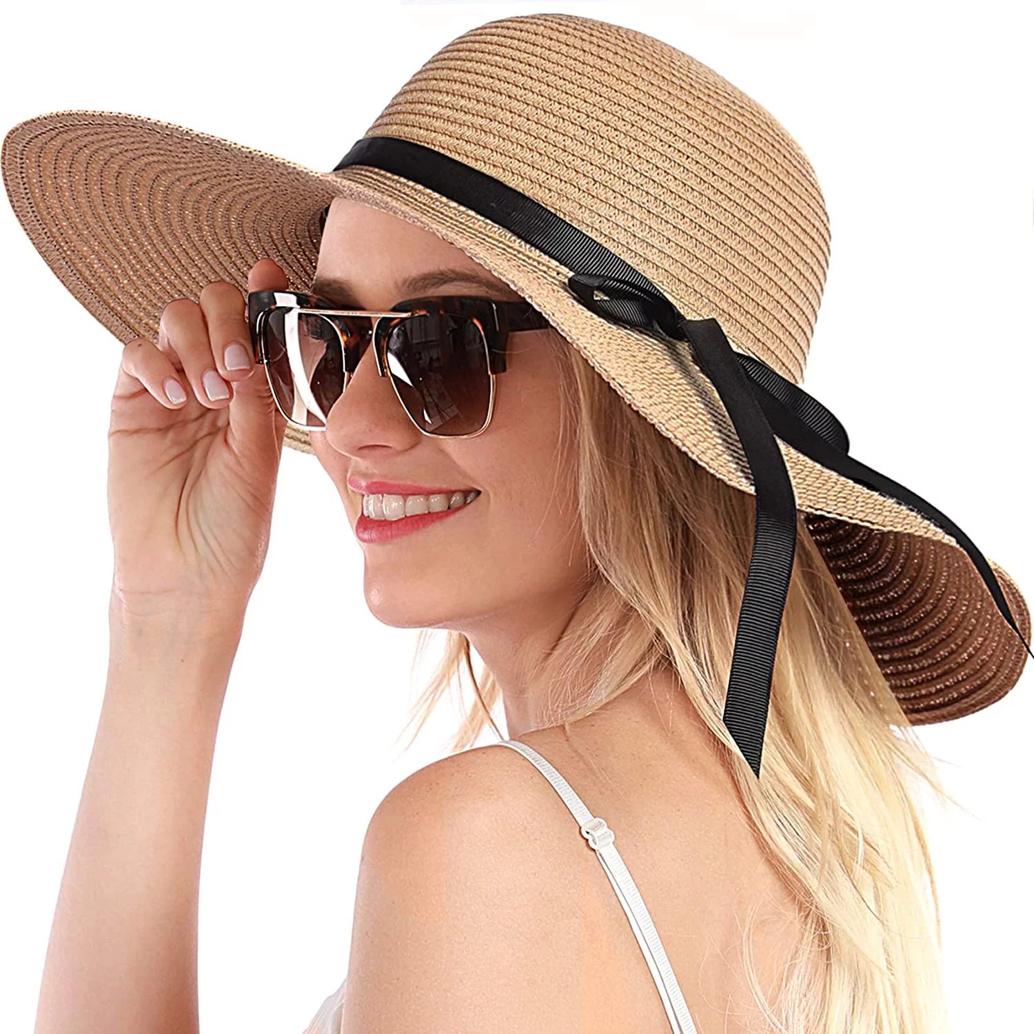 Windfall Womens Straw Hat Wide Brim Floppy Beach Cap Adjustable Sun Hat for Women UPF 50+ - Walma... | Walmart (US)