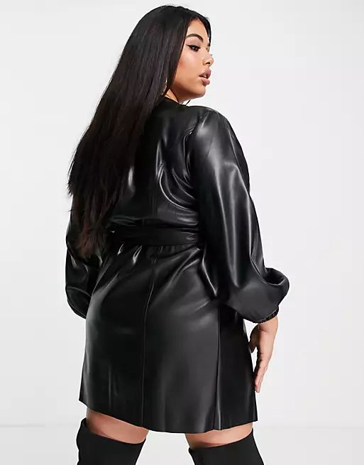 ASOS DESIGN Curve leather look belted wrap mini dress in black | ASOS (Global)