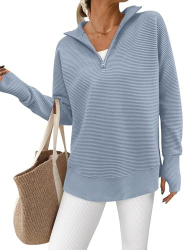 PRETTYGARDEN Womens Long Sleeve Quarter Zip Pullover Sweater Casual Loose V Neck Collared Ribbed ... | Amazon (US)