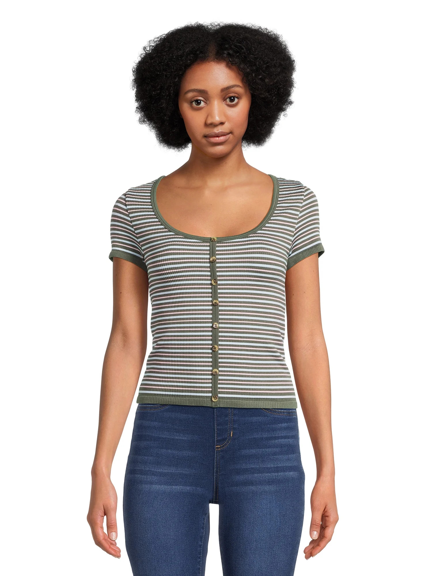 No Boundaries Seamless Button Front Tee, Women's and Women's Plus | Walmart (US)