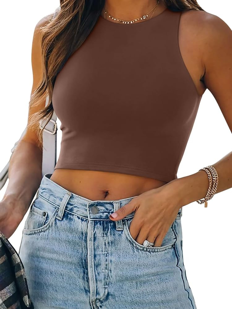 REORIA Butsmooth® Women's Sleeveless Halter Neck Double Lined Casual Basic Crop Tank Tops | Amazon (US)