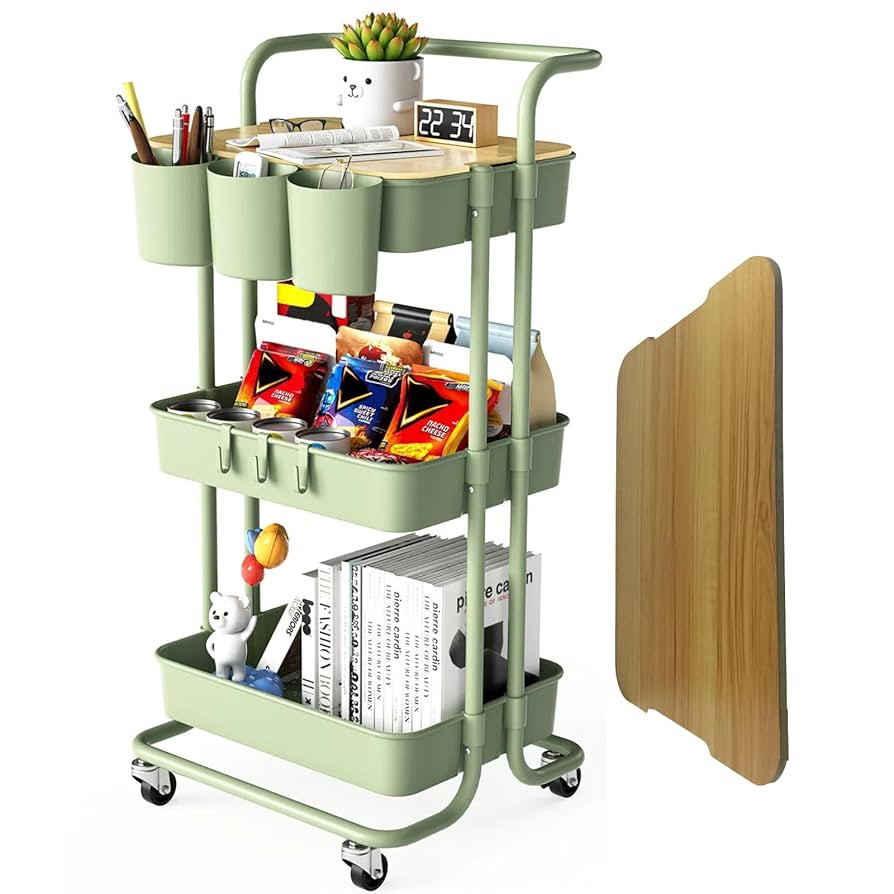 3 Tier Rolling Cart with Metal Handle, Table Top, Hanging Cups, Hooks, Plastic Storage Baskets& W... | Amazon (US)