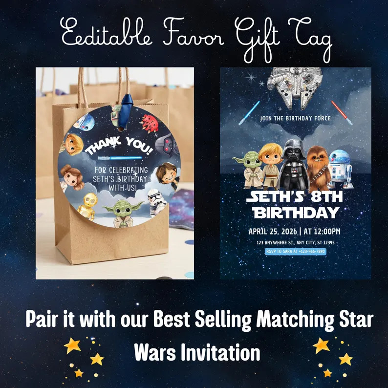 Star Wars Favor Tags | Editable Canva Gift Tags | Jedi Birthday Party Favor Tag | Thank You Tag |... | Etsy (Global)