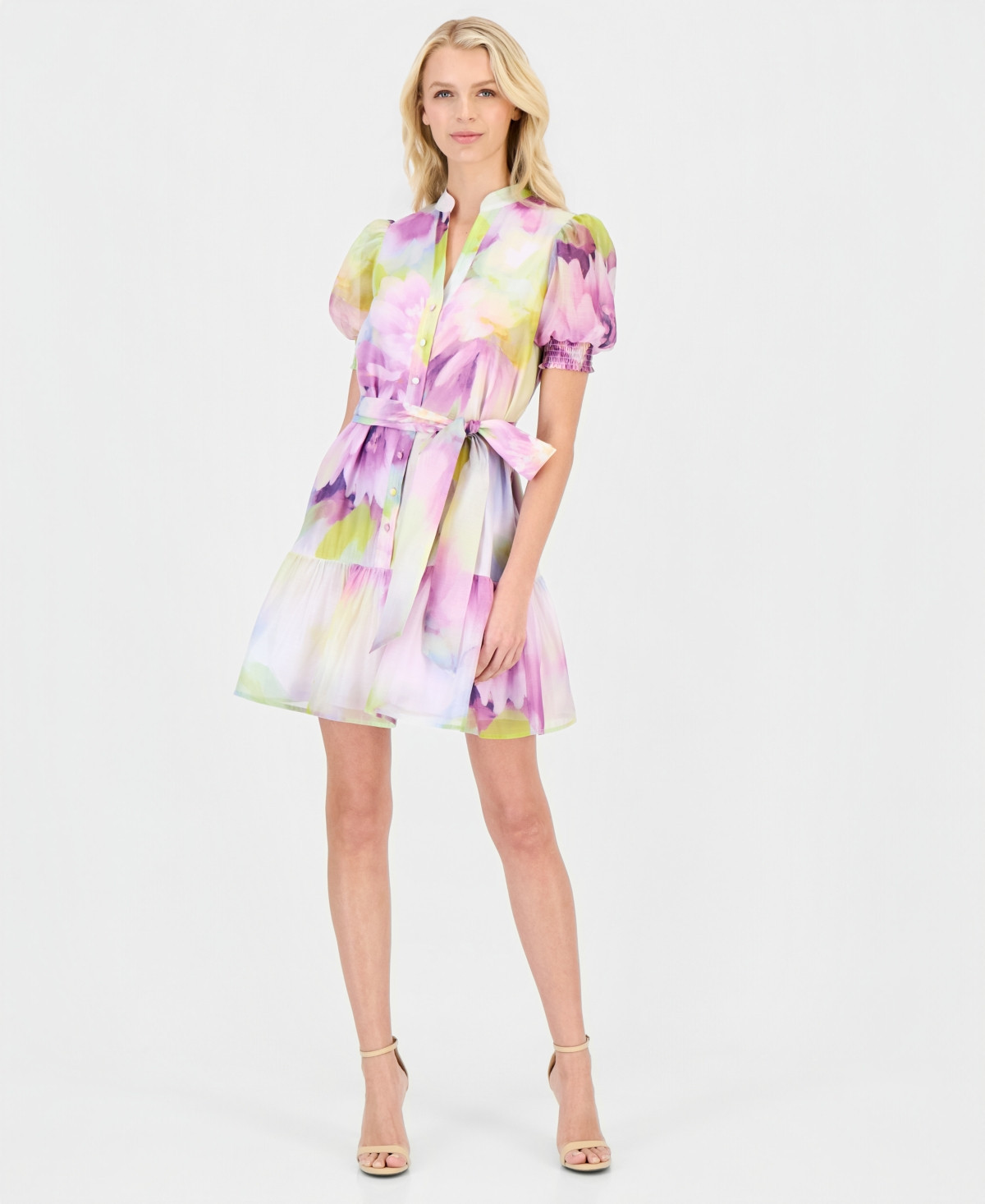 Anne Klein Women's Puff-Sleeve Floral-Print Shirtdress - PASTEL LILAC MULTI | Macy's
