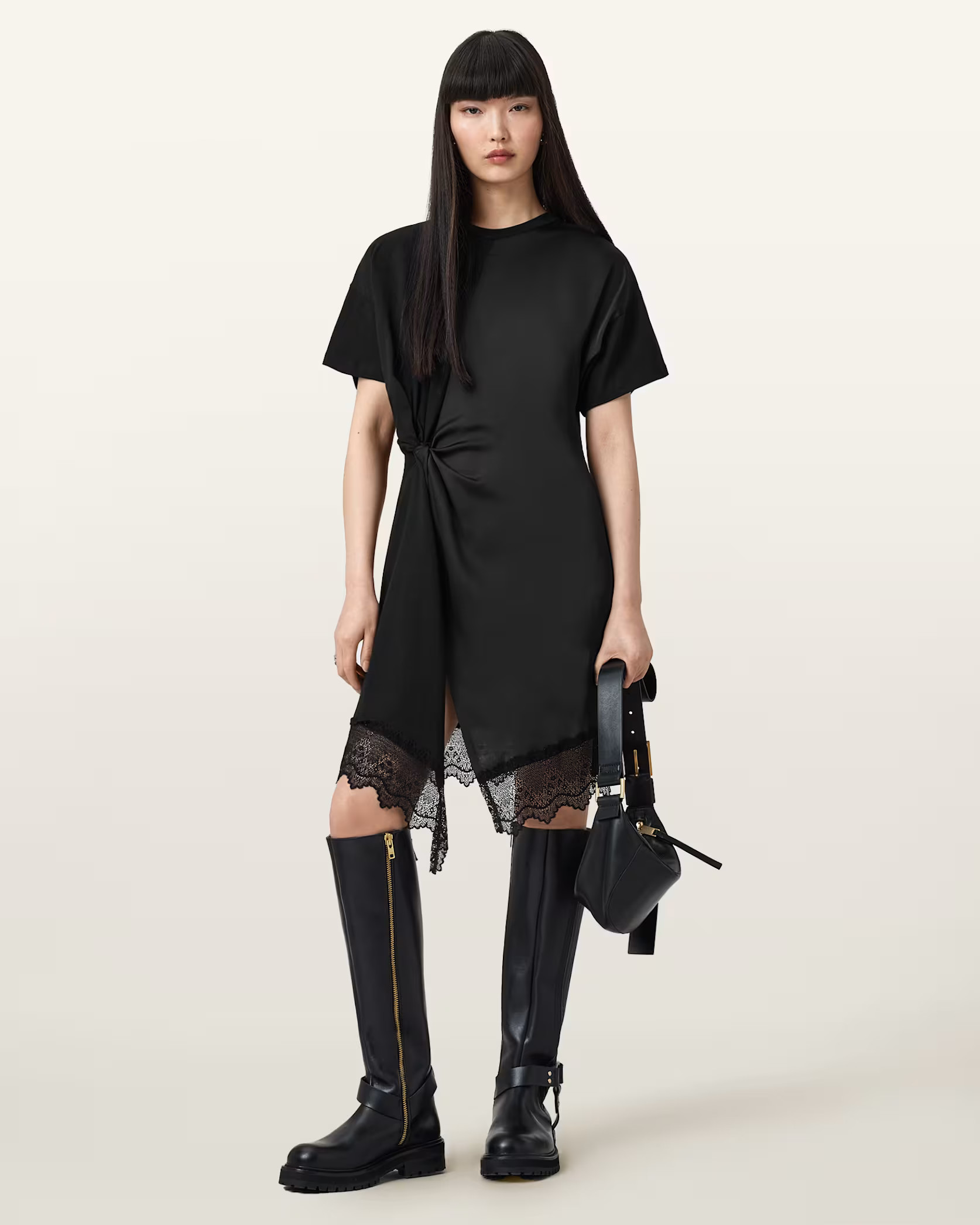 Lana Lace Trim Mini T-Shirt Dress Black | ALLSAINTS | AllSaints UK