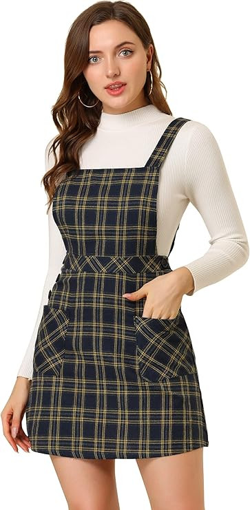 Allegra K Women's Christmas Plaid Tartan Button Decor A-Line Pinafore Overall Dress | Amazon (US)