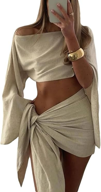 Wuitrie Two Piece Skirt Set for Women Irregular One Shoulder Crop Top Low Waist Tie Mini Skirt Su... | Amazon (US)