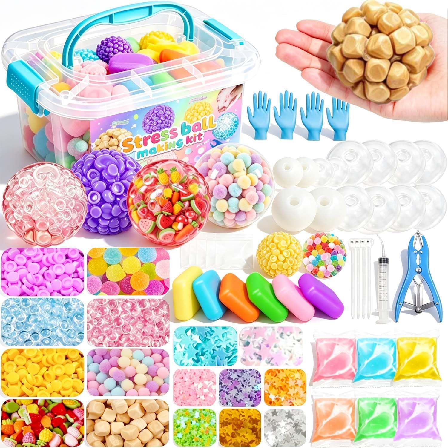 DIY Stress Ball Squishy Making Kit with Toy Box & 16 TPR Skins, 28 Fillers, Crunchy Squishy Stress Balls Empty Bead Squishy Clear kit, Handmade Fidget Squishy Stress Balls, Party Favors for Party | Amazon (US)