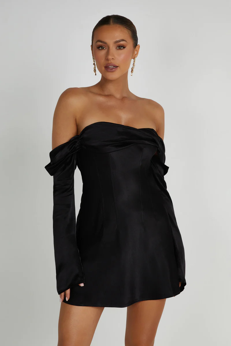 Giselle Off Shoulder Satin Mini Dress - Black | MESHKI US