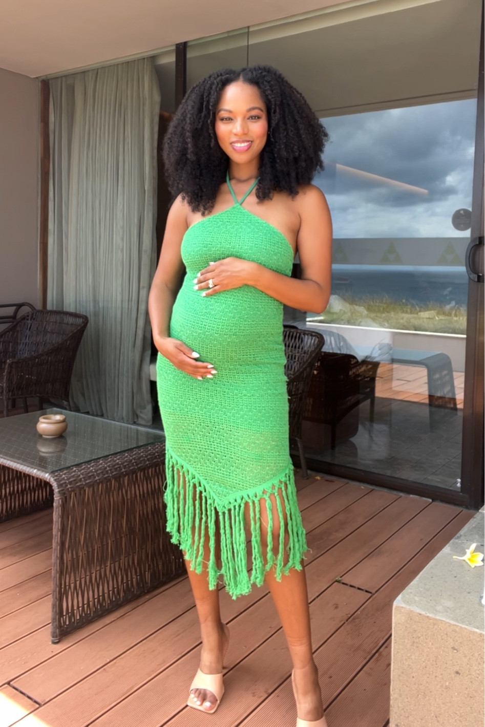 Green knit crochet asymmetric vacation dress. Bump friendly and perfect for an island dinner date  

#LTKunder50 #LTKbump #LTKtravel