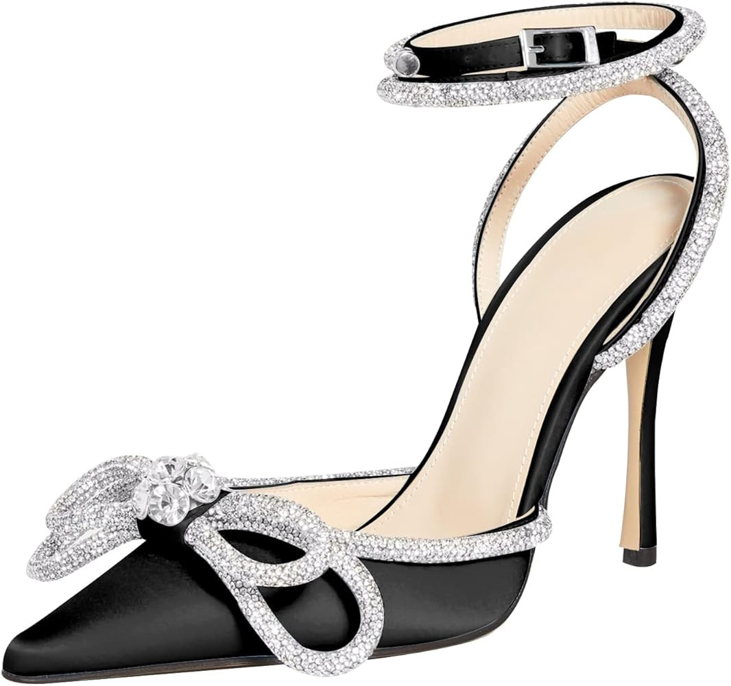 MIRAAZZURRA Women High Heeled Sandals Satin Sparkly Rhinestone Double Bow Sandals Pointy Toe Stil... | Amazon (CA)