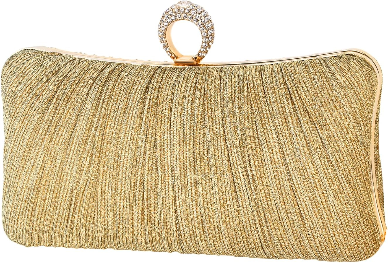 Womens Golden Glitter Clutch Purse Pleated Evening Bag for Bridal Wedding Party with Rhinestone R... | Amazon (US)