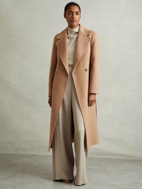 Wool Blend Double Breasted Blindseam Coat in Light Camel | Reiss US