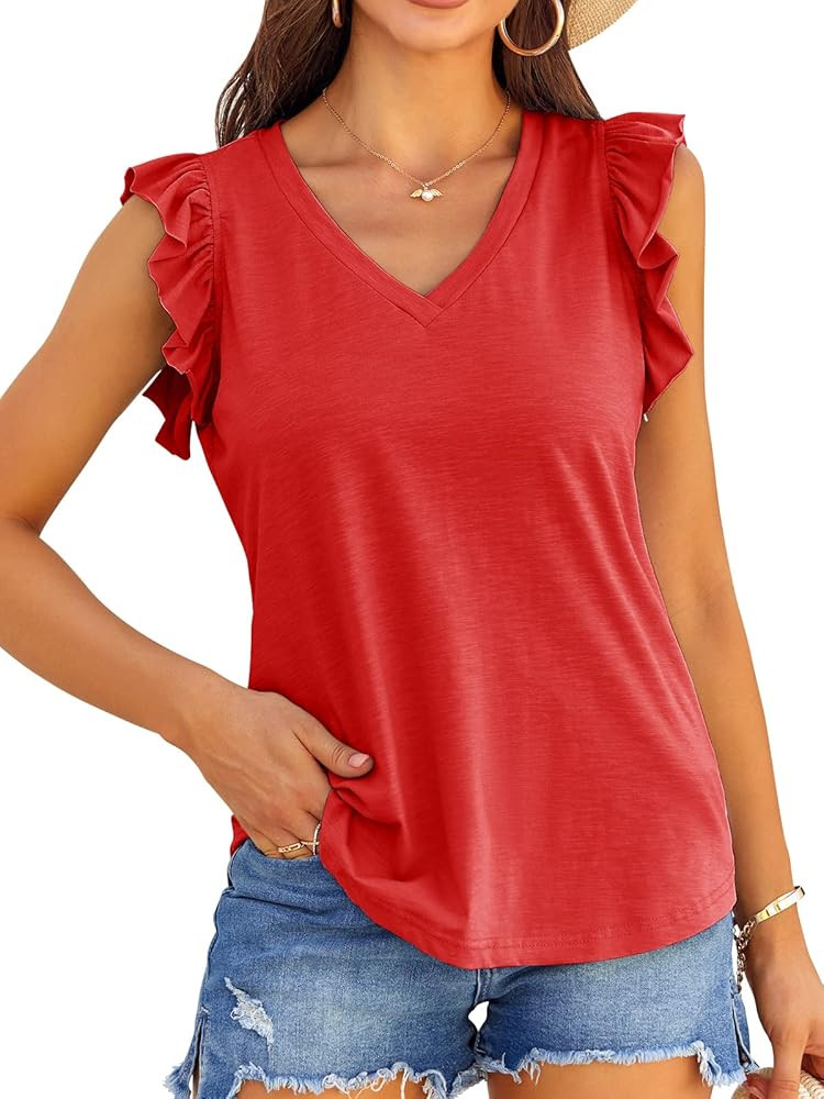 Valphsio Womens Casual V Neck Blouse Tops Frilled Ruffles Solid Sleeveless Tanks | Amazon (US)