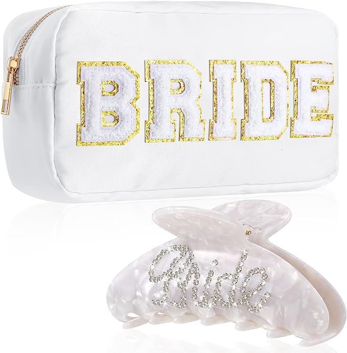 2 Piece Mrs/Bride Makeup Bag Bride Hair Claw Clip Embroidered Letter Cosmetic Bag Bachelorette Gi... | Amazon (US)