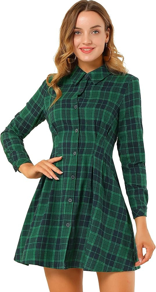 Allegra K Women's Christmas Tartan Plaid High Waist A-Line Button Up Flannel Flared Shirt Dress | Amazon (US)