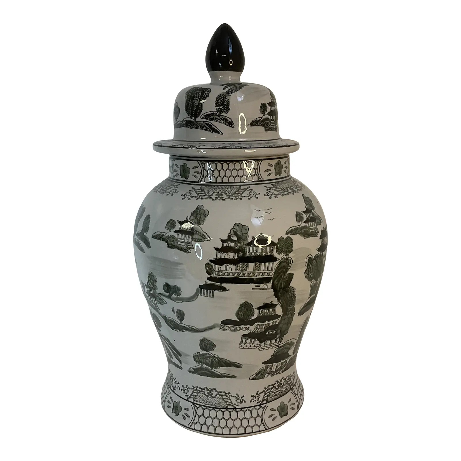Vintage Chinoiserie 25” Tall Large Scale Olive Green Ceramic Temple Ginger Jar. | Chairish
